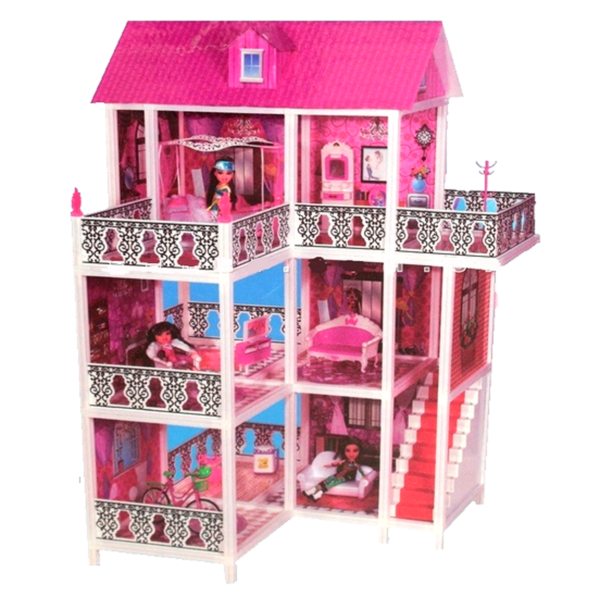 Детский кукольный домик три этажа с террасой три куклы