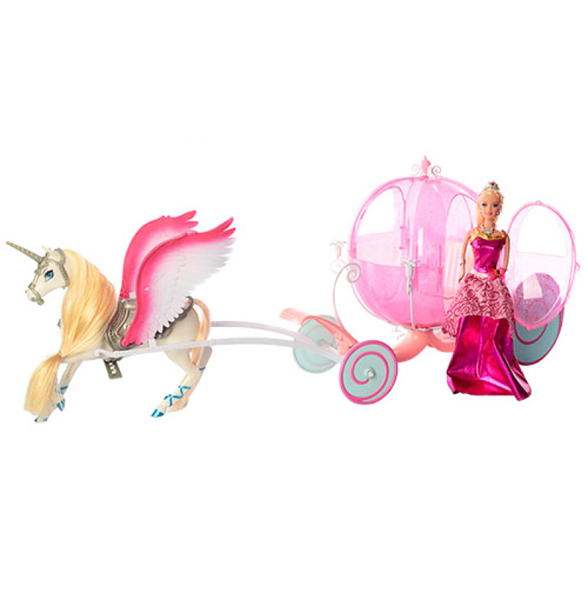 Іграшкова карета з лялькою і конем з крилами