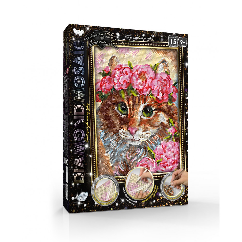Картина алмазами 'Кошка и цветы' Diamond mosaic