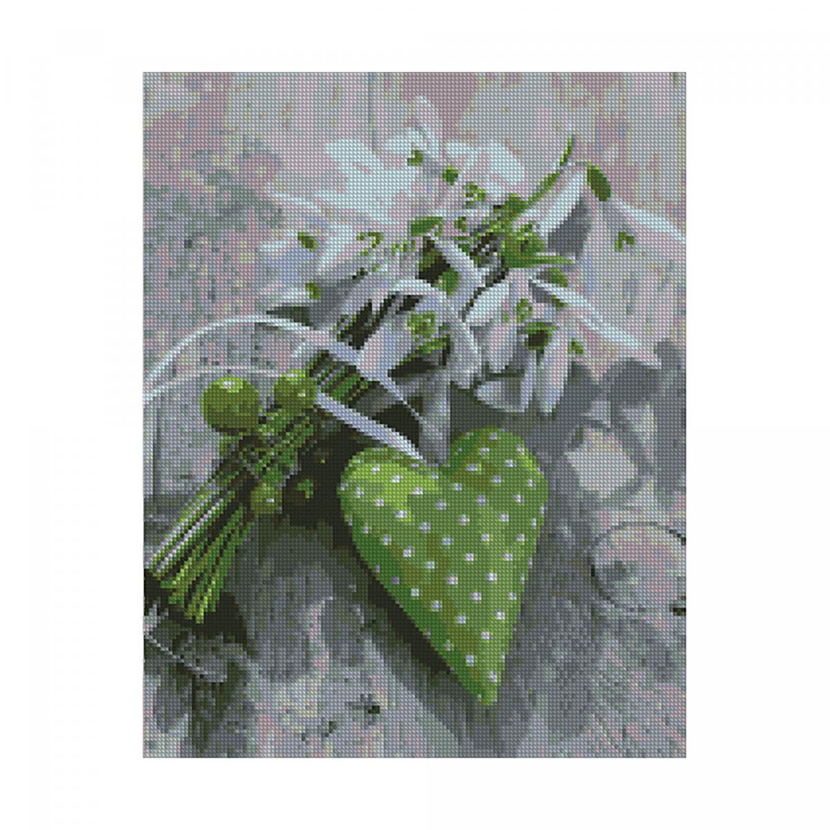 Картина алмазами на підрамнику 'Букет квітів з зеленим серцем'