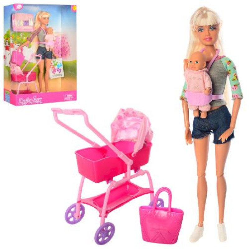 Лялька Defa шарнірна з малюком в перенесенні і коляскою