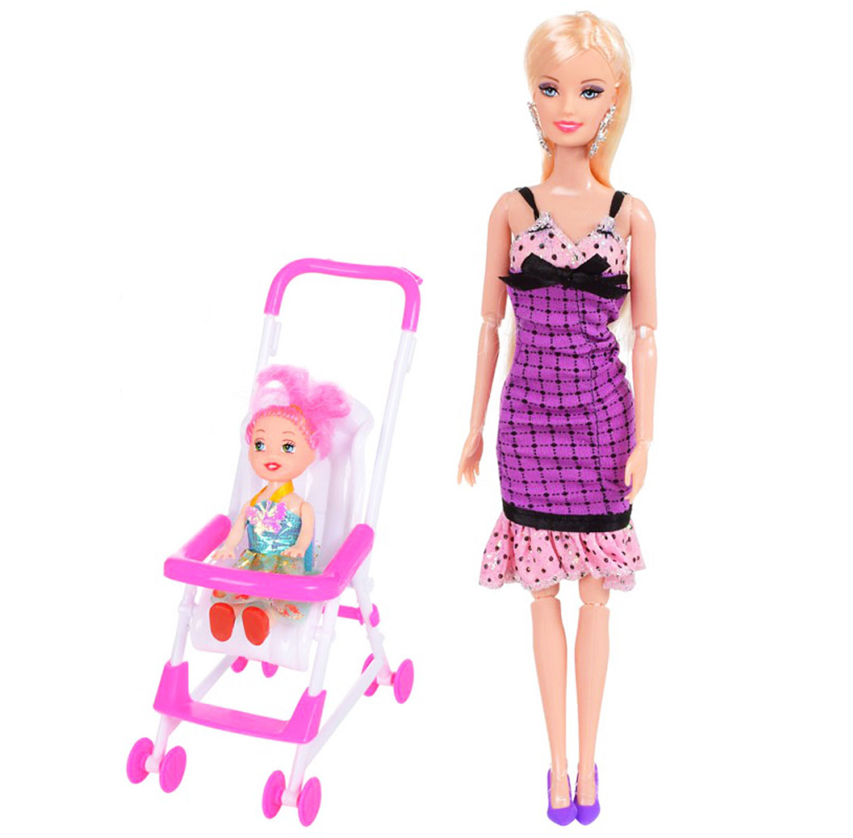 Лялька шарнірна з коляскою і донькою