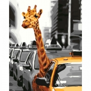 Картина на полотне по номерам "Жизнь в мегаполисе. Жираф в такси"