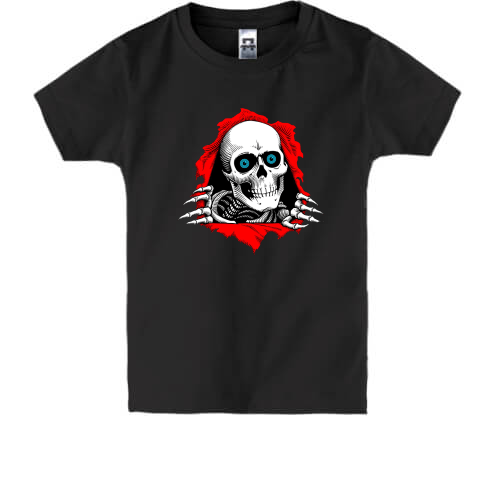 Детская футболка с вырывающимся из груди скелетом