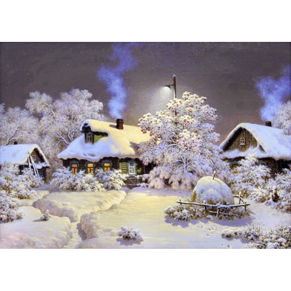 Алмазная живопись на подрамнике 'Зима в деревне'