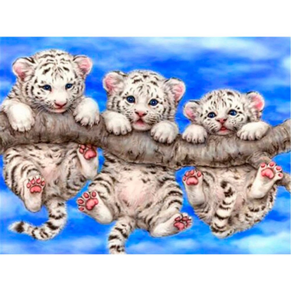 Алмазна мозаїка 'Білі тигренята на гілці' з рамкою