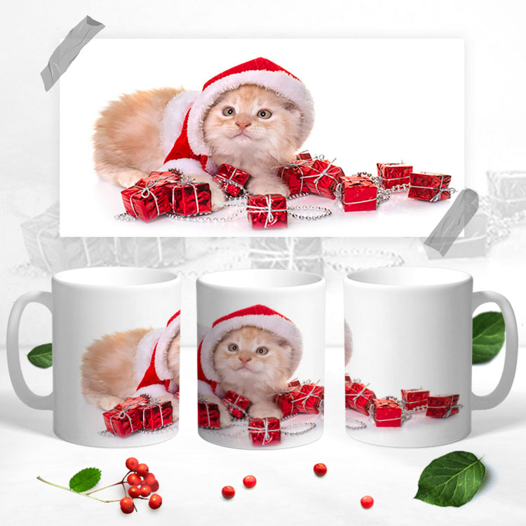 Чашка 'Рождественский котенок мейн кун'