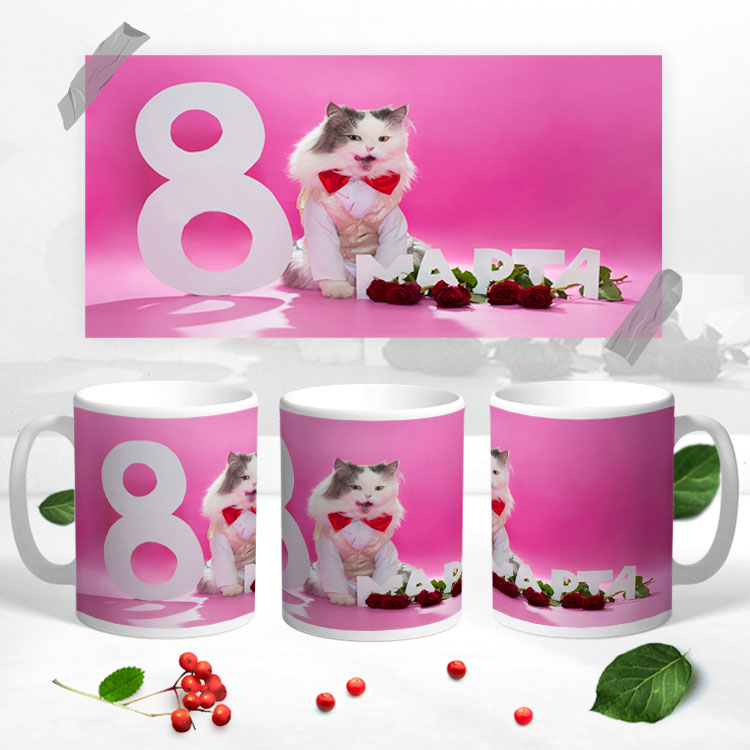 Чашка з 3D малюнком на 8 березня 'Кіт з букетом троянд'