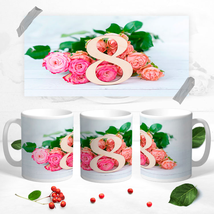 Чашка с 3D рисунком на  8 марта с розами