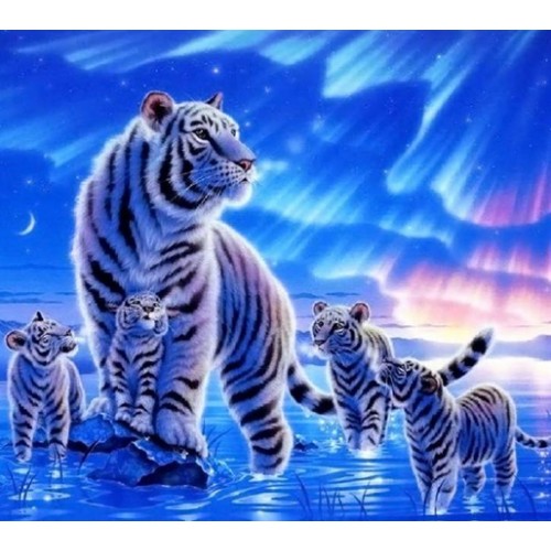 Картина алмазами без підрамника 'Біла тигриця з тигрятами'