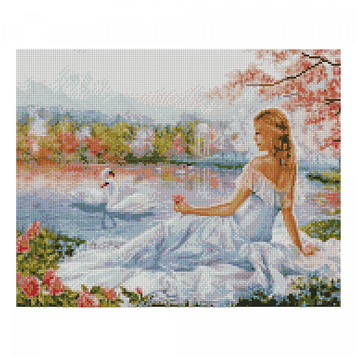 Картина алмазами на подрамнике 'Девушка и лебеди'