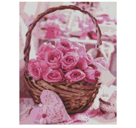 Картина алмазами на підрамнику 'Кошик з рожевими трояндами'