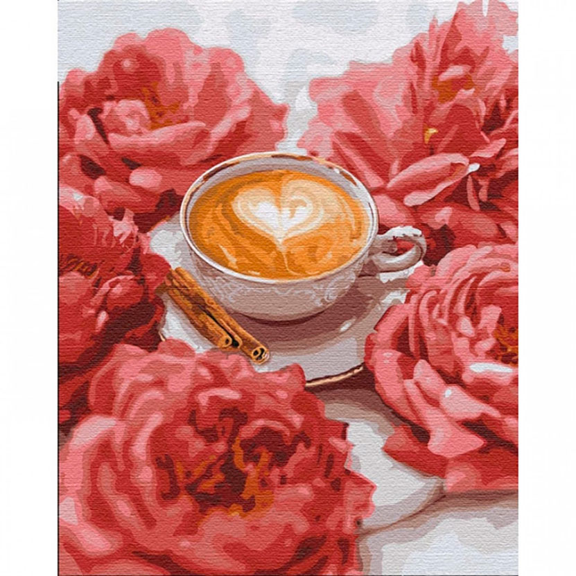 Картина на холсте по номерам 'Кофе с корицей в розах'