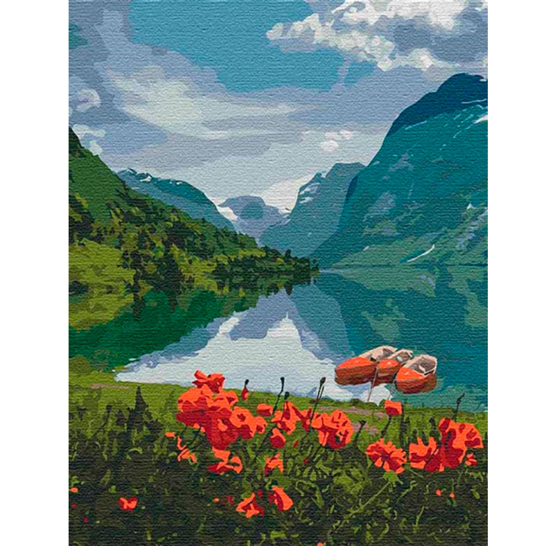Картина на холсте по номерам 'Красота Норвегии. Маки у горного озера'