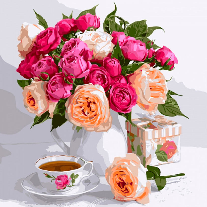 Картина на полотні за номерами 'Троянди і чай'