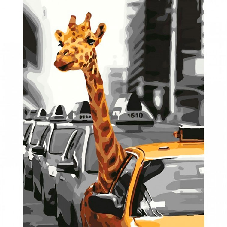Картина на полотне по номерам 'Жизнь в мегаполисе. Жираф в такси'