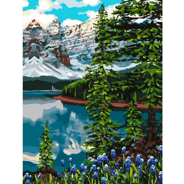 Картина на полотне по номерам 'Лесное озеро в заснеженных горах'