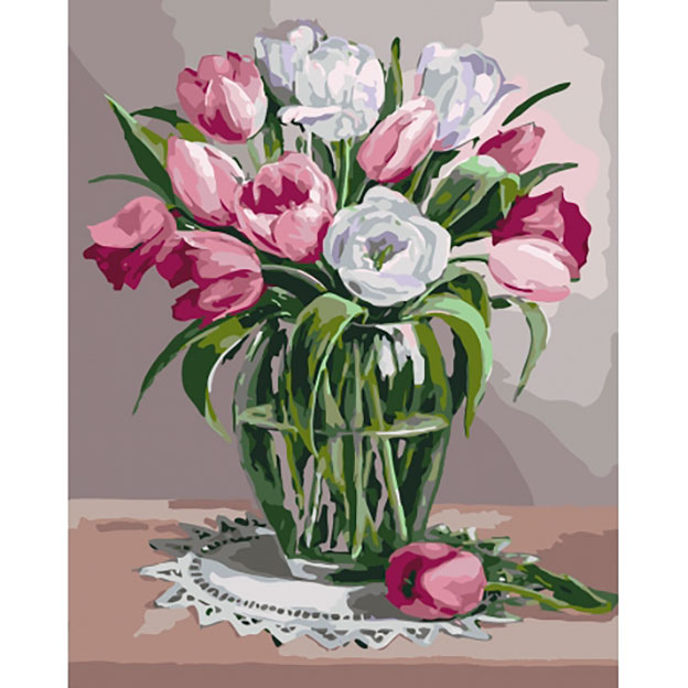 Картина на полотне по номерам 'Весенний аромат. Тюльпаны в стеклянной вазе'