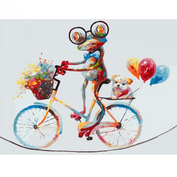 Картина на полотне по номерам 'Яркий лягушонок на велосипеде'