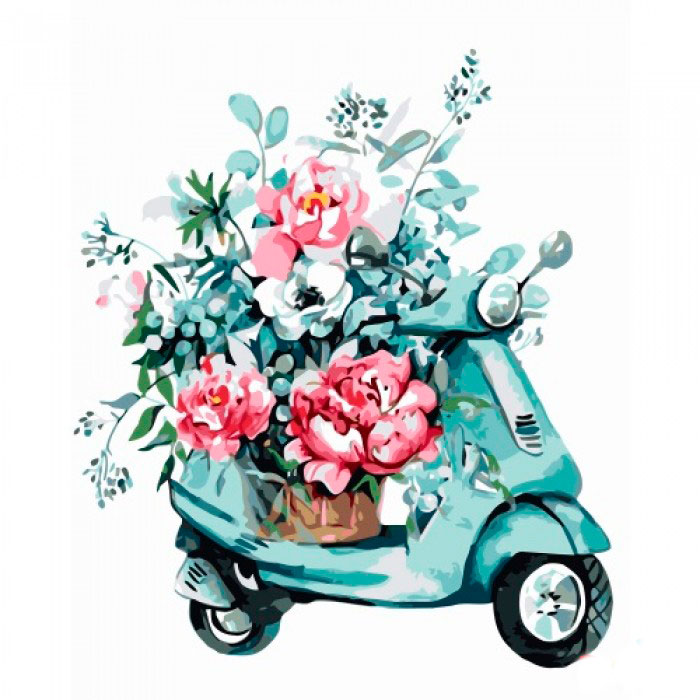 Картина на полотне по номерам  'Мятный скутер с цветами'