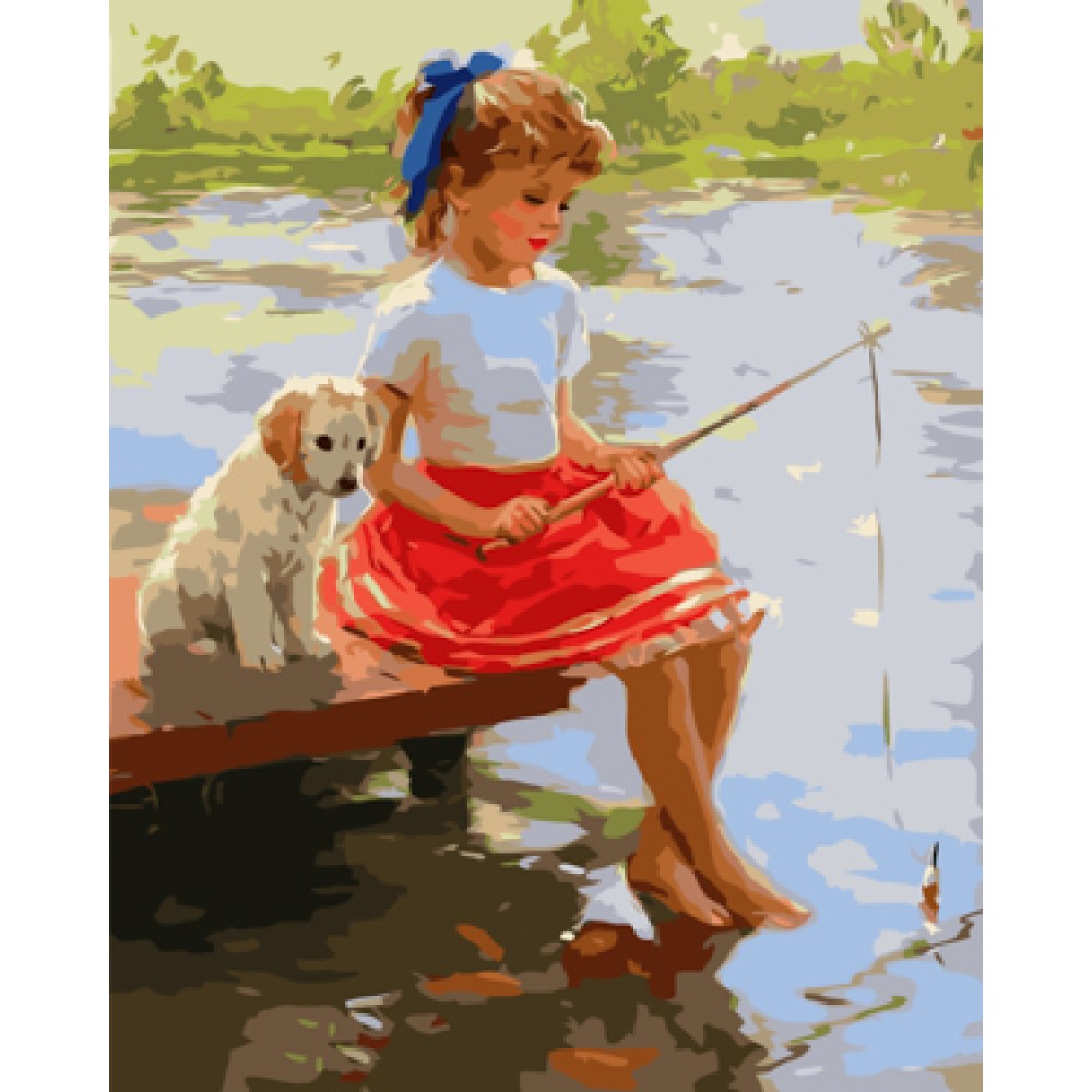 Картина по номерам 'Девочка и щенок на мостике'