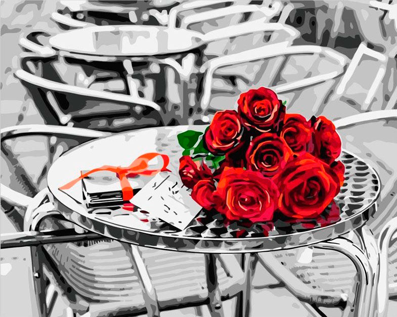 Картина по номерам 'Красные розы на сером столе' в коробке