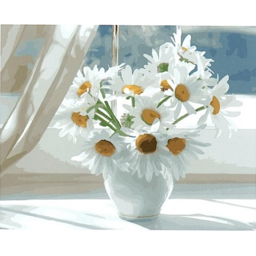Картина за номерами 'Ромашки в білій вазі'