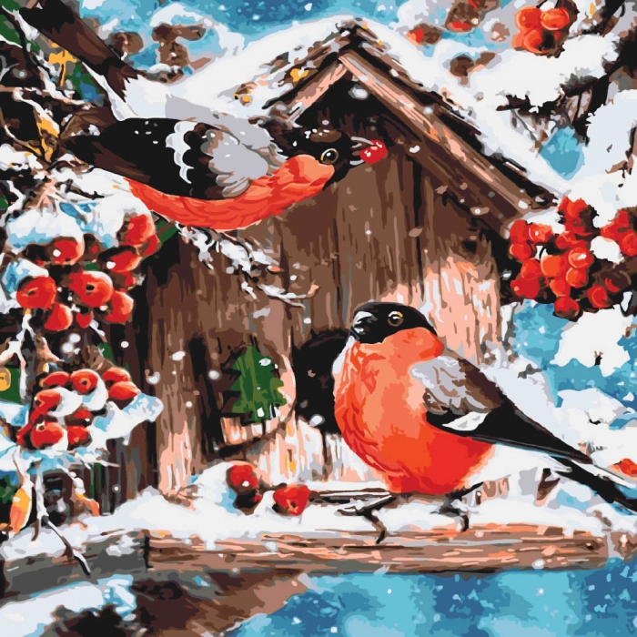 Картина по номерам птицы 'Снегири зимой'