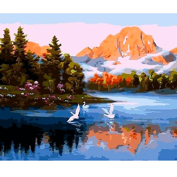 Картина-раскраска по номерам 'Лебеди на озере в горах'
