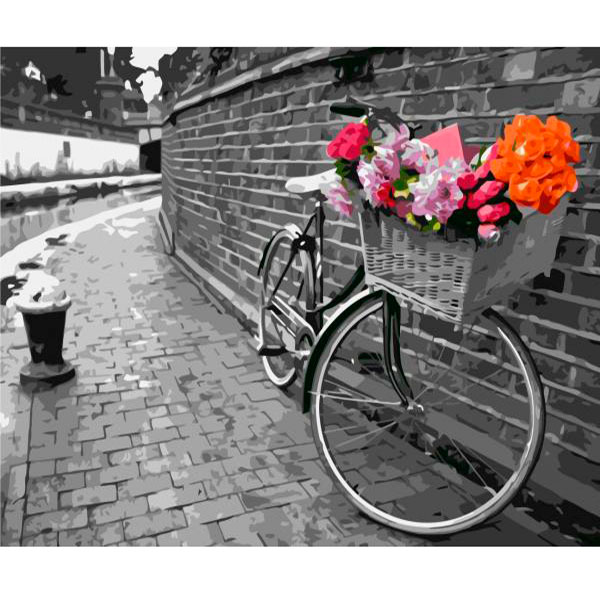 Картина-раскраска по номерам 'Велосипед на брущатке в черно-белом'