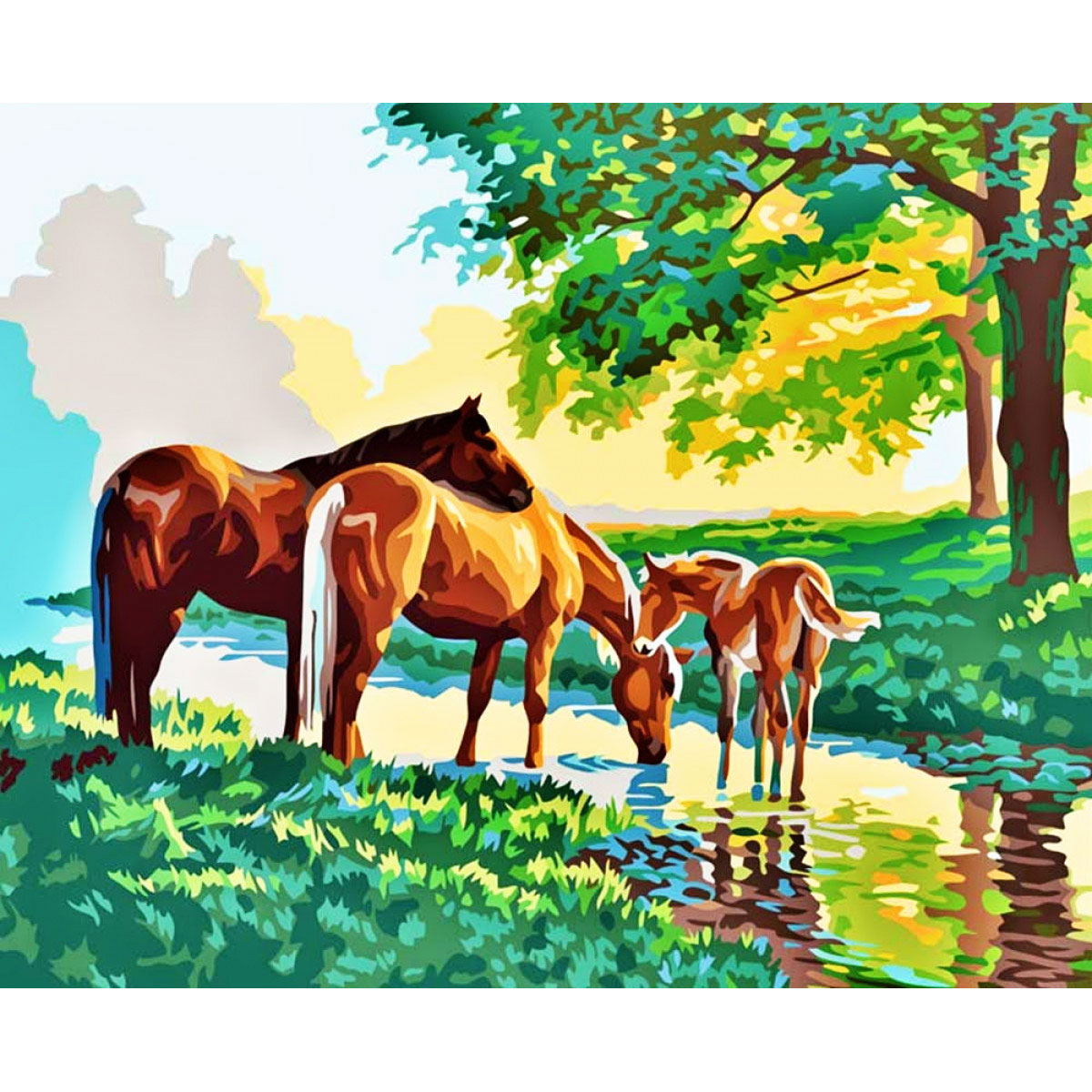 Раскраска по номерам 'Лошади на водопое'