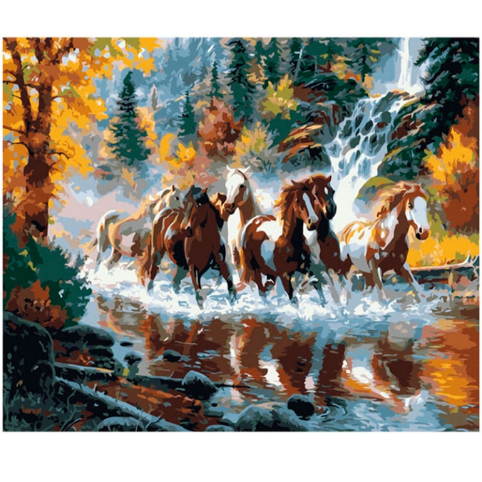 Роспись красками по номерам 'Бегущий табун коней в осеннем лесу'
