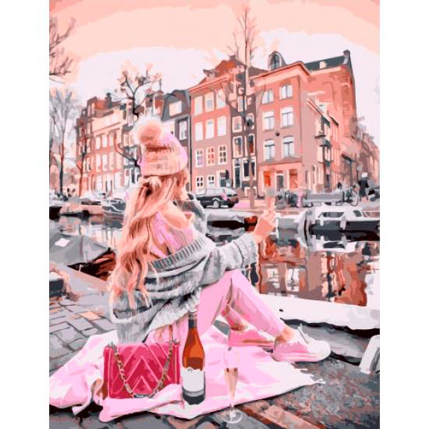 Роспись красками по номерам 'Девушка с вином возле канала Амстердам' в коробке