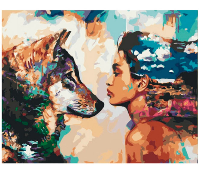 Роспись красками по номерам 'Поп-арт девушка и волк'