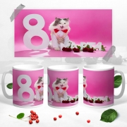 Чашка з 3D малюнком на 8 березня "Кіт з букетом троянд"