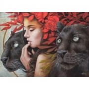 Картина алмазами на подрамнике "Девушка и черные пантеры"