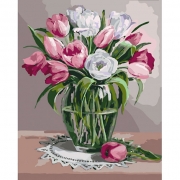Картина на полотне по номерам "Весенний аромат. Тюльпаны в стеклянной вазе"