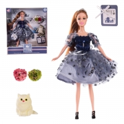 Лялька з кішкою в синій сукні та аксесуарами