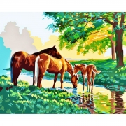 Раскраска по номерам "Лошади на водопое"